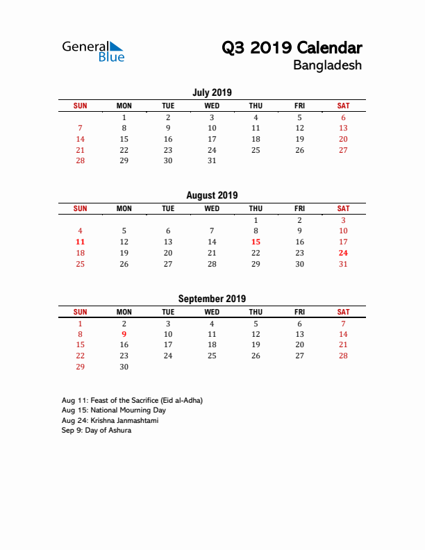 2019 Q3 Calendar with Holidays List for Bangladesh