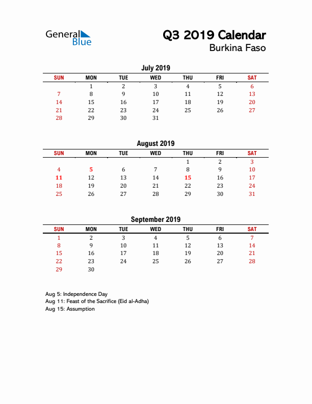 2019 Q3 Calendar with Holidays List for Burkina Faso