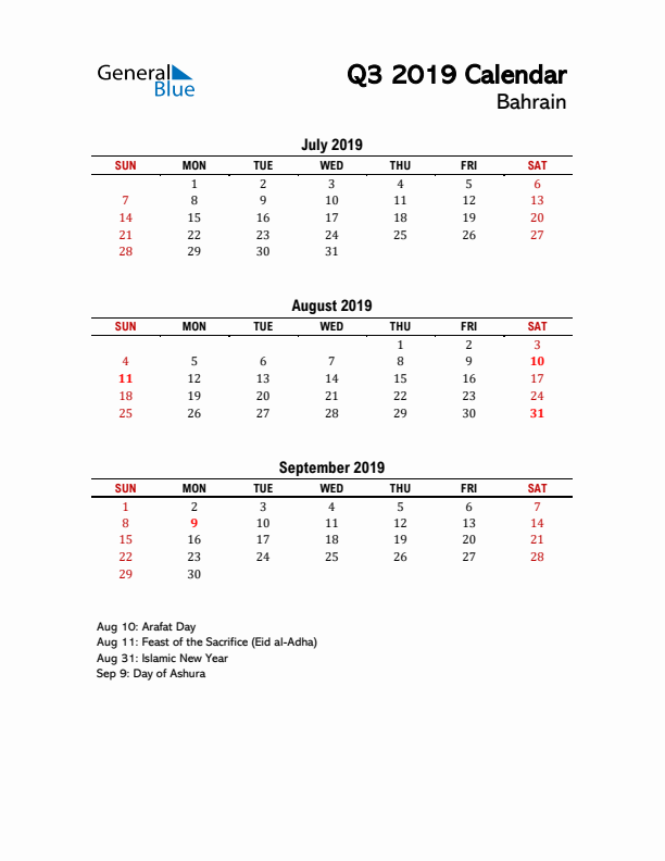 2019 Q3 Calendar with Holidays List for Bahrain