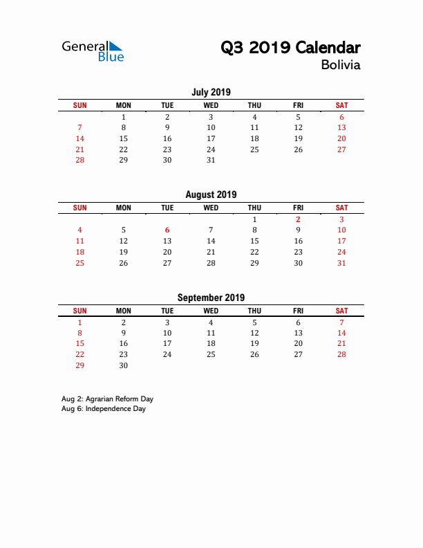 2019 Q3 Calendar with Holidays List for Bolivia