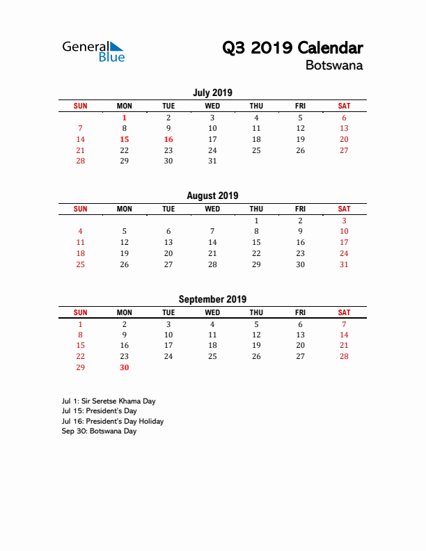 2019 Q3 Calendar with Holidays List for Botswana