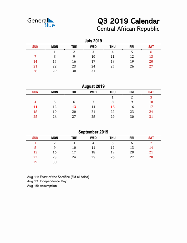 2019 Q3 Calendar with Holidays List for Central African Republic