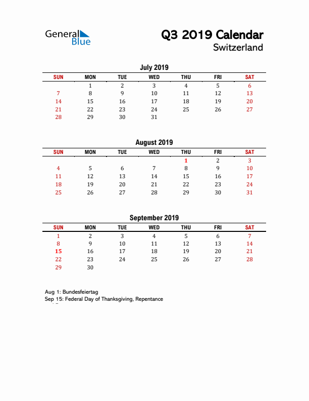 2019 Q3 Calendar with Holidays List for Switzerland