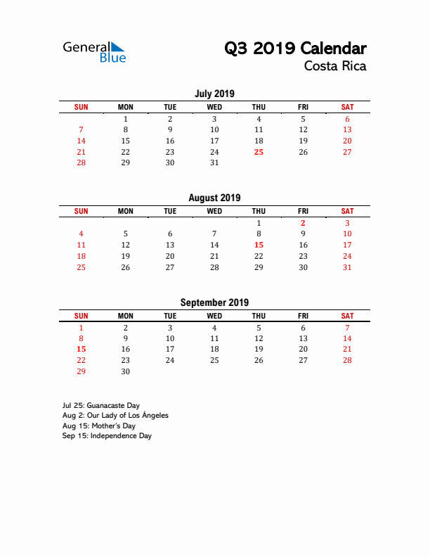 2019 Q3 Calendar with Holidays List for Costa Rica