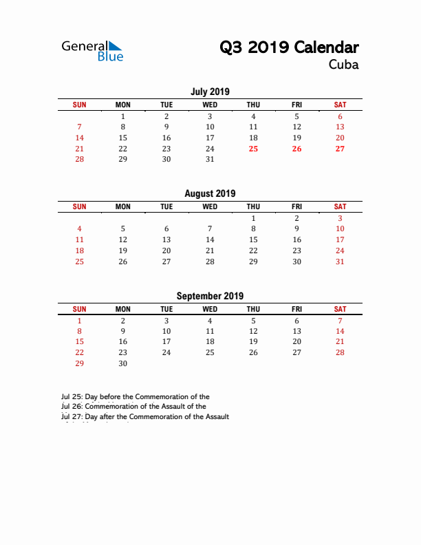 2019 Q3 Calendar with Holidays List for Cuba