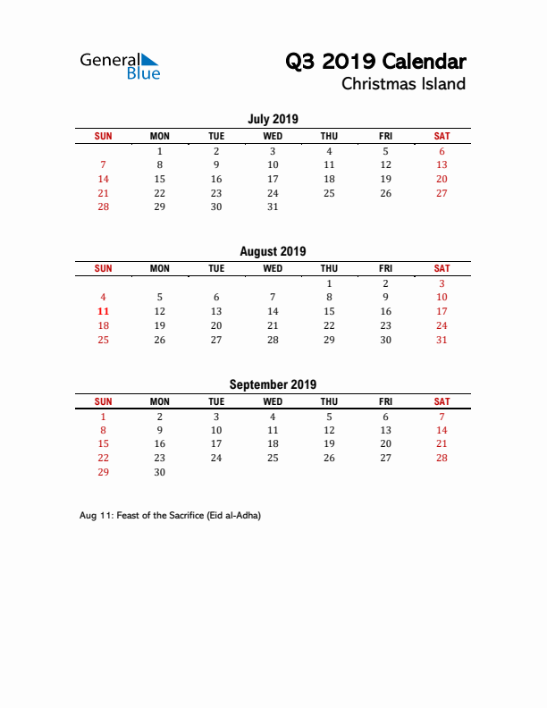 2019 Q3 Calendar with Holidays List for Christmas Island