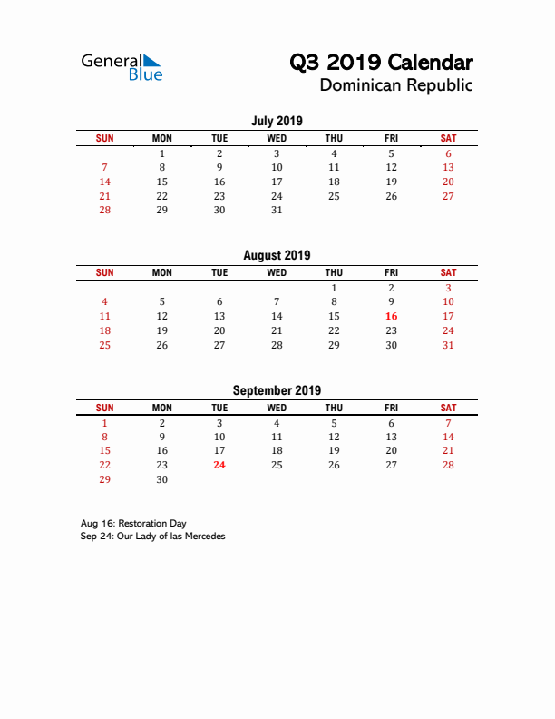 2019 Q3 Calendar with Holidays List for Dominican Republic