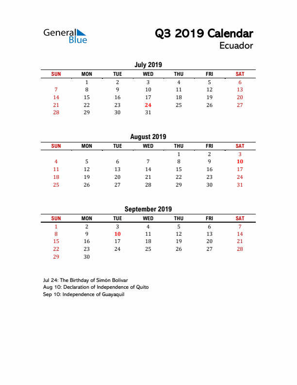 2019 Q3 Calendar with Holidays List for Ecuador