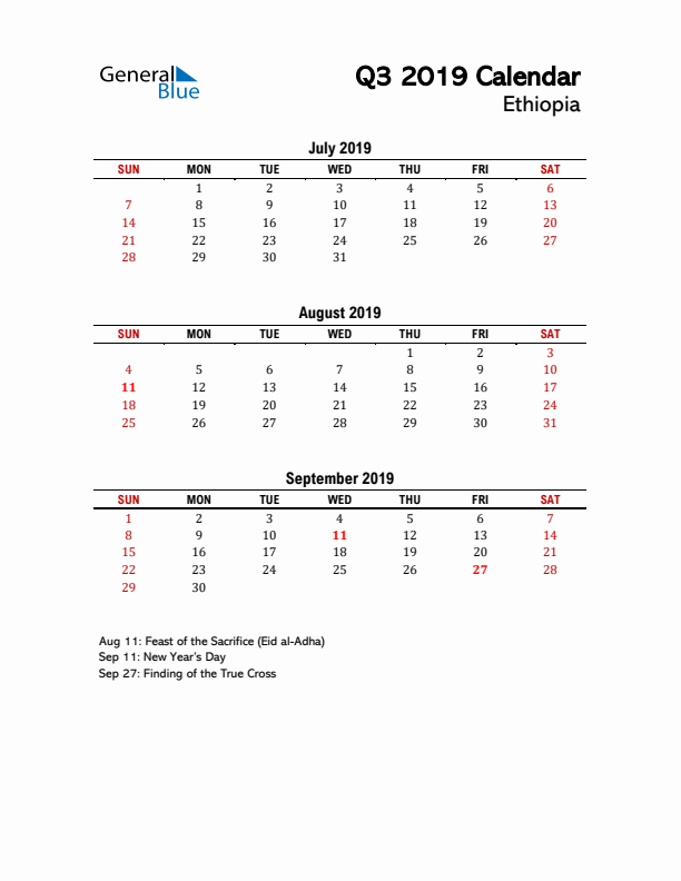 2019 Q3 Calendar with Holidays List for Ethiopia