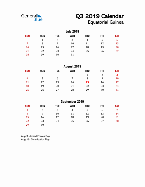 2019 Q3 Calendar with Holidays List for Equatorial Guinea