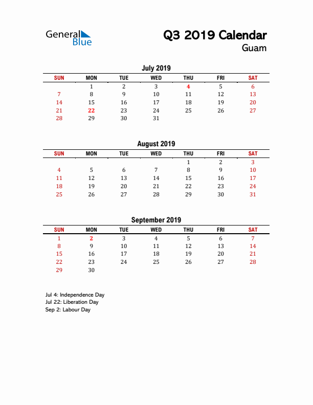 2019 Q3 Calendar with Holidays List for Guam