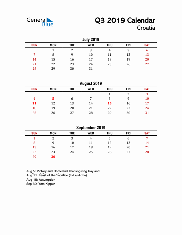 2019 Q3 Calendar with Holidays List for Croatia