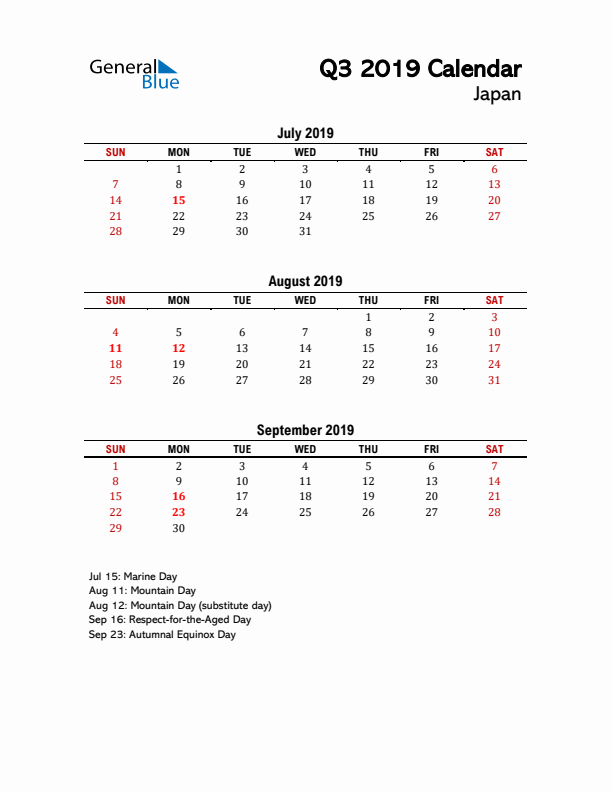 2019 Q3 Calendar with Holidays List for Japan