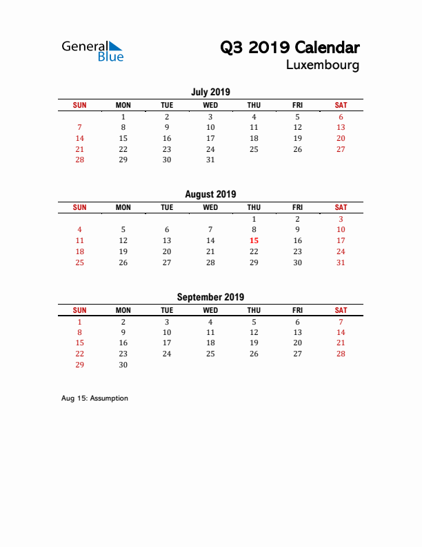 2019 Q3 Calendar with Holidays List for Luxembourg