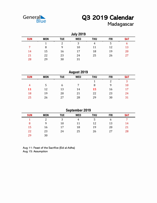 2019 Q3 Calendar with Holidays List for Madagascar