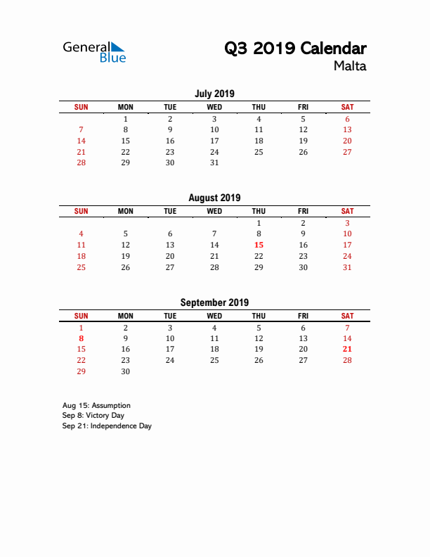 2019 Q3 Calendar with Holidays List for Malta