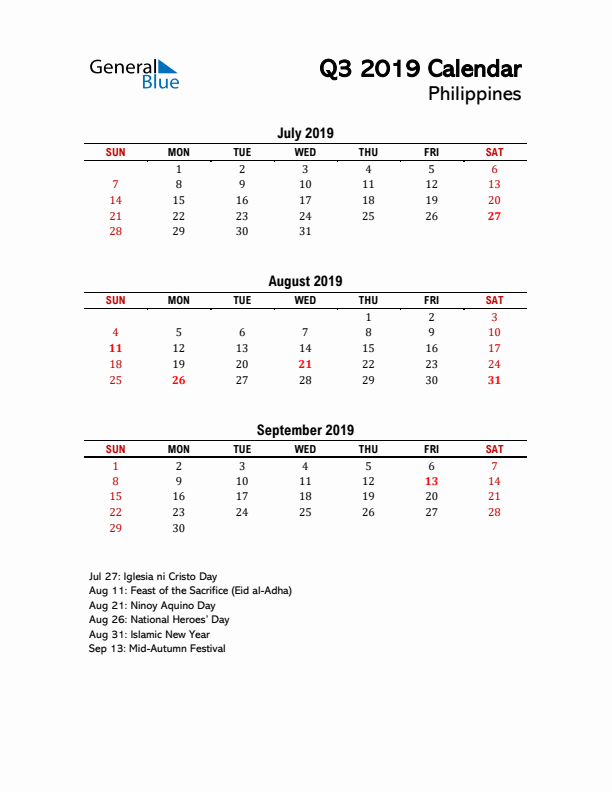 2019 Q3 Calendar with Holidays List for Philippines