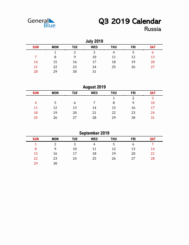 2019 Q3 Calendar with Holidays List for Russia