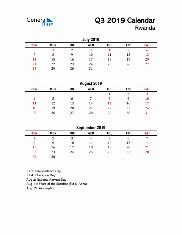 2019 Q3 Calendar with Holidays List for Rwanda