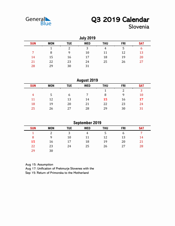 2019 Q3 Calendar with Holidays List for Slovenia