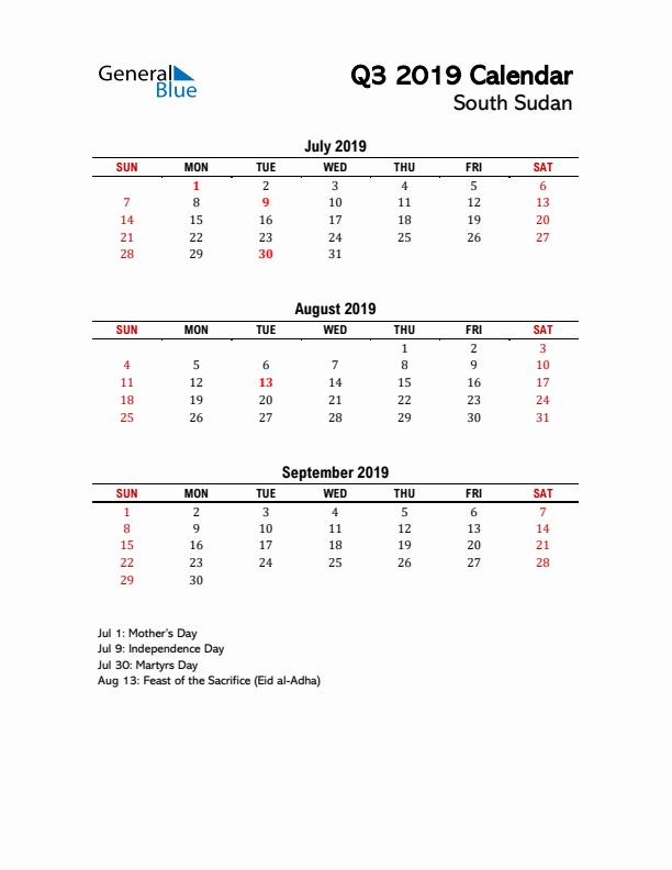 2019 Q3 Calendar with Holidays List for South Sudan