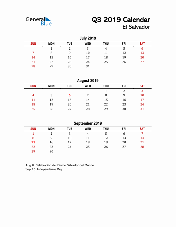 2019 Q3 Calendar with Holidays List for El Salvador