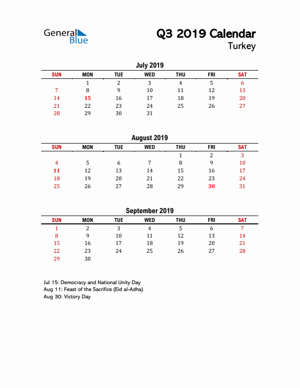 2019 Q3 Calendar with Holidays List for Turkey