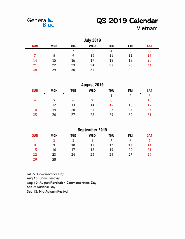 2019 Q3 Calendar with Holidays List for Vietnam