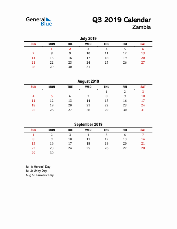 2019 Q3 Calendar with Holidays List for Zambia