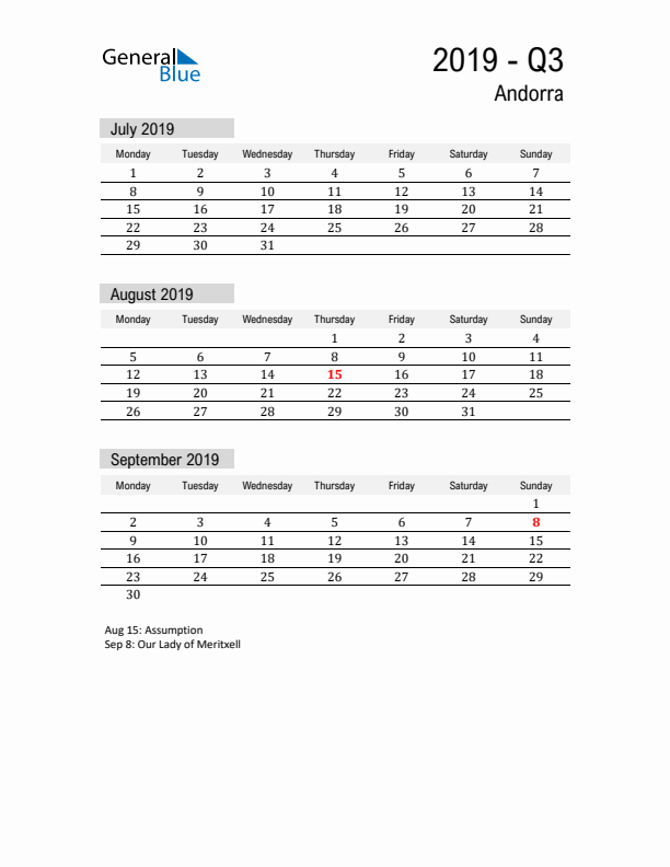 Andorra Quarter 3 2019 Calendar with Holidays