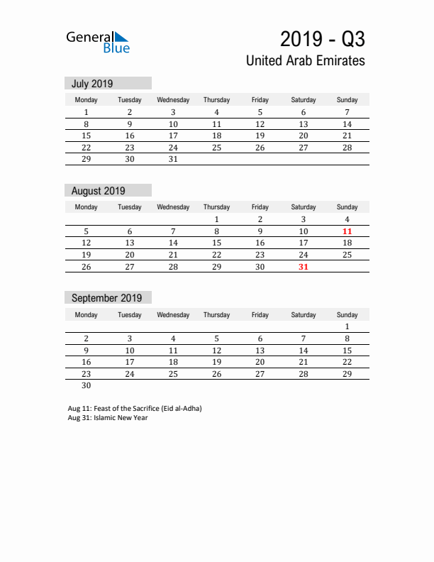 United Arab Emirates Quarter 3 2019 Calendar with Holidays