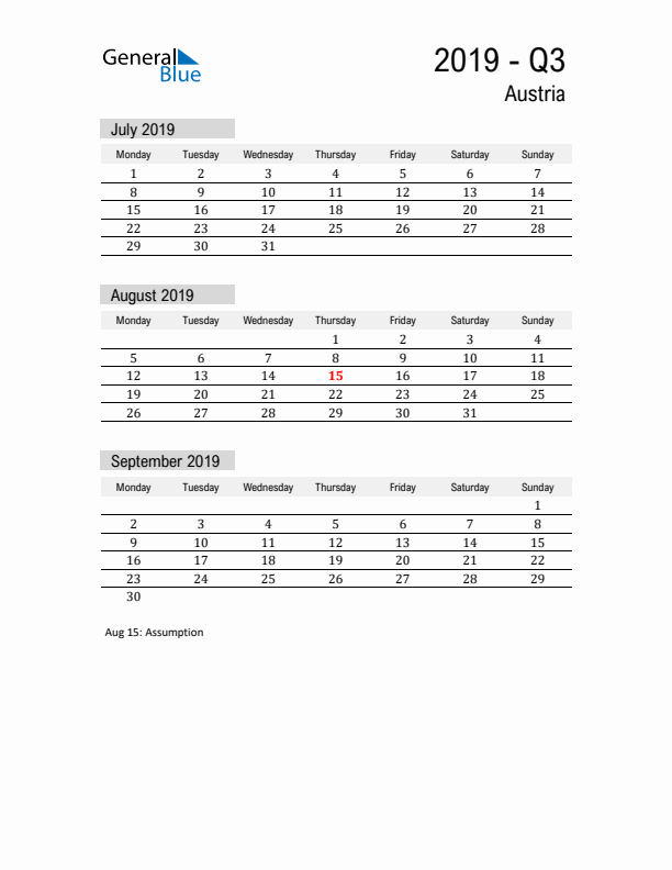 Austria Quarter 3 2019 Calendar with Holidays