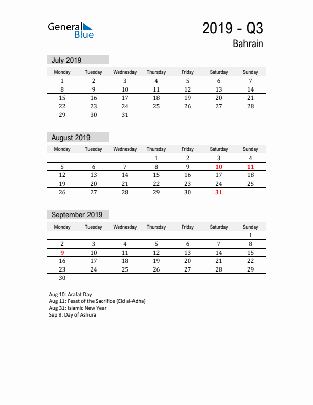 Bahrain Quarter 3 2019 Calendar with Holidays