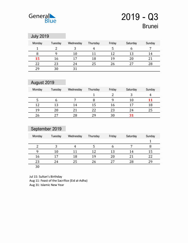 Brunei Quarter 3 2019 Calendar with Holidays