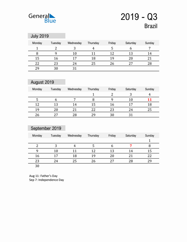 Brazil Quarter 3 2019 Calendar with Holidays