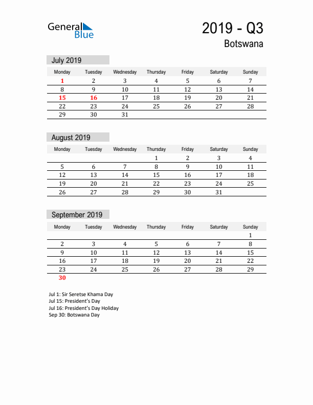 Botswana Quarter 3 2019 Calendar with Holidays