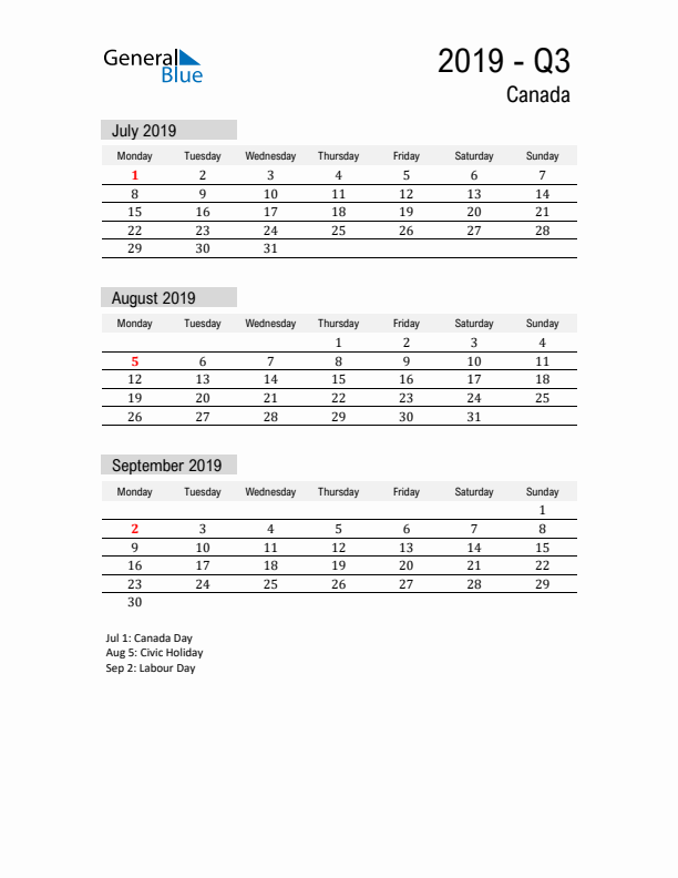 Canada Quarter 3 2019 Calendar with Holidays