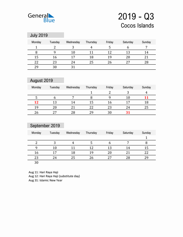 Cocos Islands Quarter 3 2019 Calendar with Holidays