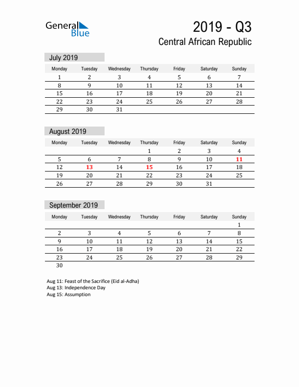 Central African Republic Quarter 3 2019 Calendar with Holidays