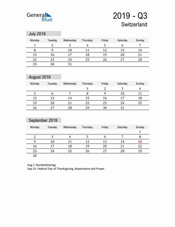 Switzerland Quarter 3 2019 Calendar with Holidays