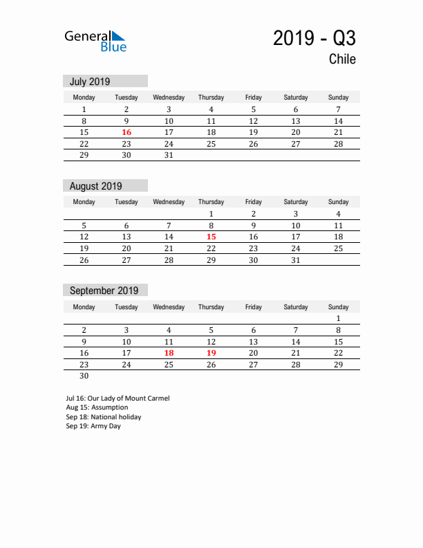 Chile Quarter 3 2019 Calendar with Holidays