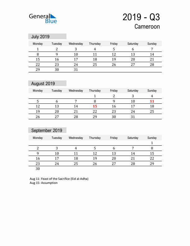 Cameroon Quarter 3 2019 Calendar with Holidays