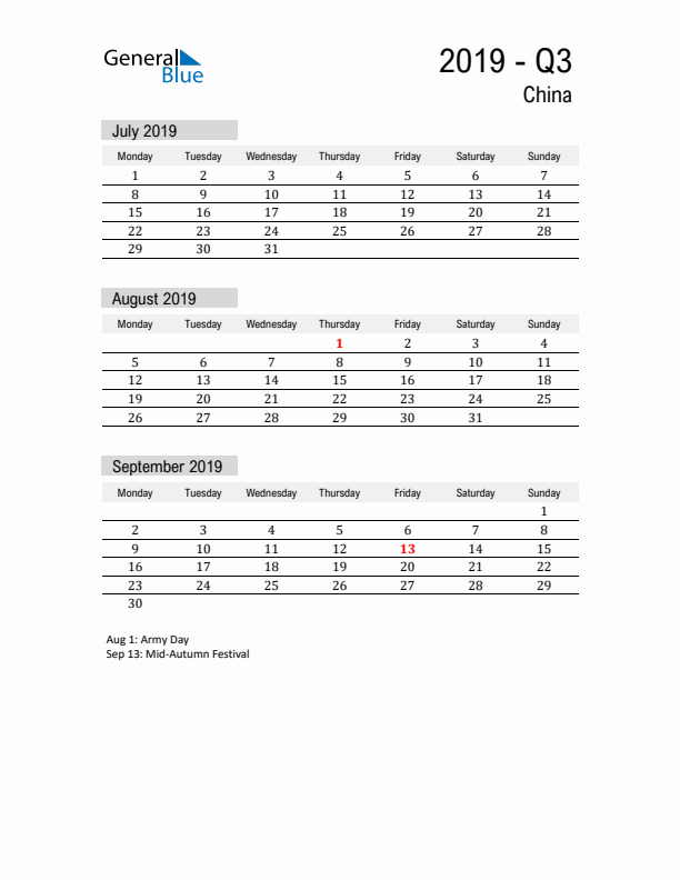 China Quarter 3 2019 Calendar with Holidays
