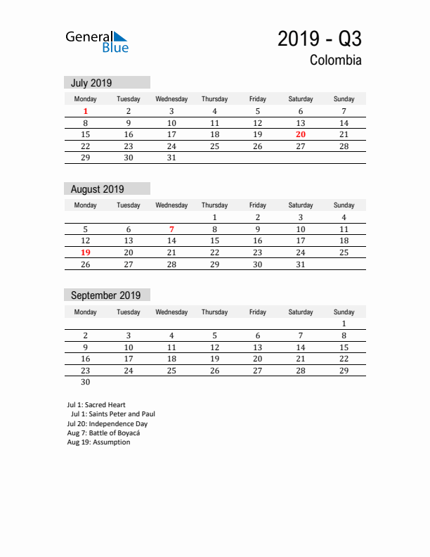 Colombia Quarter 3 2019 Calendar with Holidays