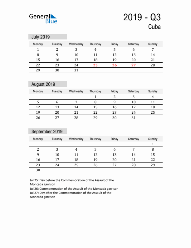 Cuba Quarter 3 2019 Calendar with Holidays