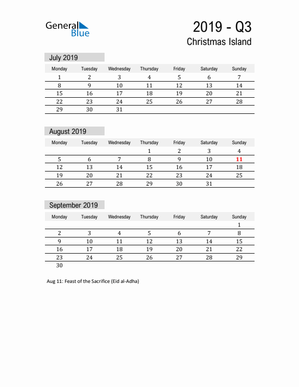 Christmas Island Quarter 3 2019 Calendar with Holidays