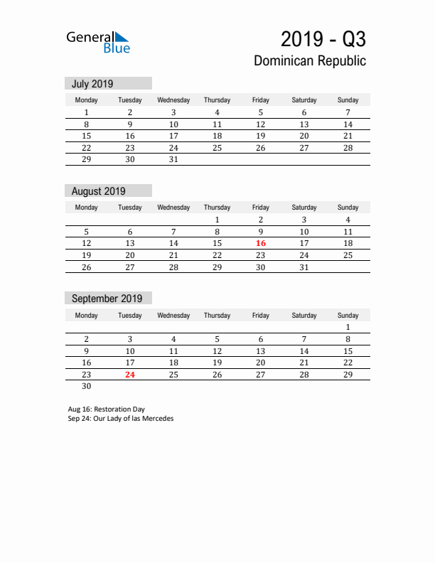 Dominican Republic Quarter 3 2019 Calendar with Holidays