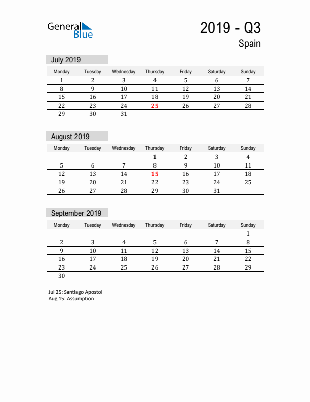 Spain Quarter 3 2019 Calendar with Holidays