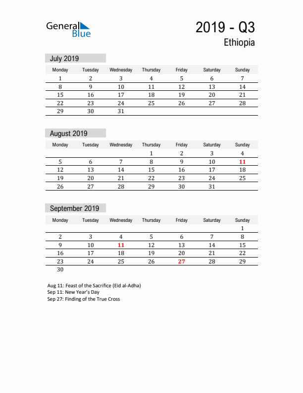 Ethiopia Quarter 3 2019 Calendar with Holidays