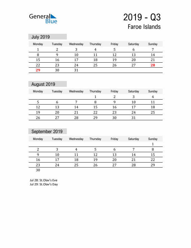 Faroe Islands Quarter 3 2019 Calendar with Holidays